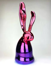 Load image into Gallery viewer, Hunt Slonem’s pink and purple, bunny sculpture, Thompson. Standing at 21.5 inches tall and 8 inches wide. Using one of the oldest artistic mediums, Slonem has cast his iconic bunnies into stunning bronze sculptures in a form that encapsulates the personality of his most famous muse. It is signed and etched with its edition number by Slonem. This hunt slonem bunny sculpture and hunt slonem bunny paintings are for sale at Manolis Projects Art Gallery in Miami, FL.
