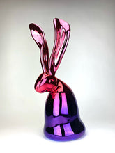 Load image into Gallery viewer, Hunt Slonem’s pink and purple, bunny sculpture, Thompson. Standing at 21.5 inches tall and 8 inches wide. Using one of the oldest artistic mediums, Slonem has cast his iconic bunnies into stunning bronze sculptures in a form that encapsulates the personality of his most famous muse. It is signed and etched with its edition number by Slonem. This hunt slonem bunny sculpture and hunt slonem bunny paintings are for sale at Manolis Projects Art Gallery in Miami, FL.
