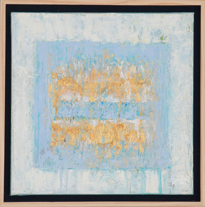 Jill Krutick, Ice Cube Small I-This blue and gold abstract painting is Krutick's Ice Cube series which  has emerged as Krutick artistic fingerprint — triumphantly expressing the human spirit through adversity. The Ice Cube series represents the process involved in overcoming personal challenges- at Manolis Projects gallery in Miami, FL