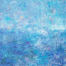 Load image into Gallery viewer, Jill Krutick Beach Day, 2016 Oil on Canvas  40 x 40 inches 42 x 42 inches framed Beach Day is an abstract impressionistic work inspired by Monet’s Water Lilies. Heavily layered and textured, this piece attempts to capture the beauty of the high seas in all its splendor. Featuring washes of blues and other cool colors, the compositional design is reminiscent of a special day at sea. At Manoli Projects gallery in Miami, FL
