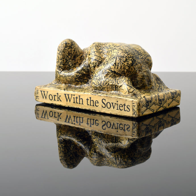 Tom Otterness (b.1952-)  We Should Work with the Soviets to Avoid Nuclear War, 1982  Papier Mache over Cast Plaster  3.25h x 6w x 3.5d inches  Otterness is described as “the world’s best public sculptor” by New York Times art critic, Ken Johnson, Otterness' works are easily recognizable for its unique, cheerful and cartoonish figures, that are used to address issues of gender, class and race. Available at Manolis Projects Gallery