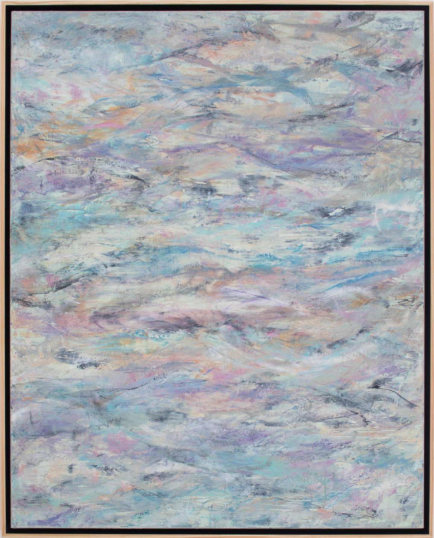 Framed:Jill Krutick (B. 1962- ) Waves II, 2015 Oil on Canvas, 60 x 48 inches  The gentle ebb and flow of pigments in this piece create a meditative mural of the ocean's character in this beautiful large abstract seascape. The stacked, layered marks create a consistent rhythm in its composition; using pastel colors of blue, pink and purples, accented by deep, muted blues to emphasize the strokes. 