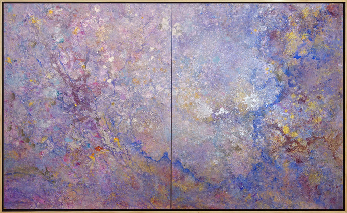 Framed:Jill Krutick (B. 1962 - ) Looking Glass, 2017  Acrylic on canvas, 60 x 96 inches;  2 panels, 60 x 48 inches each.  Framed: 62 x 98 inches   An ethereal interpretation of a “Looking Glass” gives the impression of peering into an infinite explosion of color. The ribbons of metallic pigments simulate the illusion of a multi-dimensional space, attempting to create a curious, dream-like experience of traveling between worlds. at Manolis Projects gallery