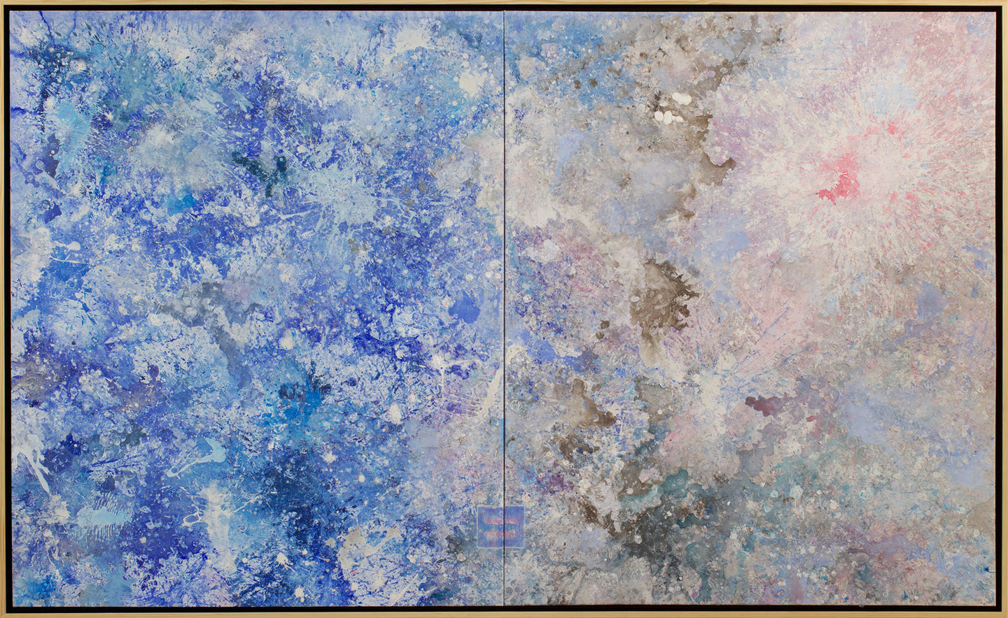 Jill Krutick (B. 1962 - ) Dreamscape Surprise, 2016 Acrylic on Canvas72 x 120 inches in  2 panels, 72 x 60 inches each.  Framed: 74 x 122 inches   With pigments that appear to melt and billow across the canvas, this work depicts the dynamic forces that define the unparalleled powers of the ocean.This is large abstract painting in Blue and white and pink. Manolis Projects gallery in Miami, FL