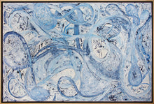 Load image into Gallery viewer, Jill Krutick (B. 1962 - ) The Journey, 2018  Acrylic on Canvas  48 x 72 inches ; Framed: 50 x 74 inches  Much like an ice skater, this Swirl piece uses marks that glide and dance across the canvas. The balance between spontaneity and choreography as the movements take place is what creates interest in the dance and excitement in the adventure. This is large abstract and contemporary painting in Blue and white. Manolis Projects gallery in Miami, FL
