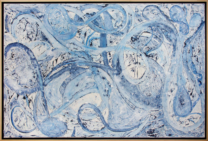 Jill Krutick (B. 1962 - ) The Journey, 2018  Acrylic on Canvas  48 x 72 inches ; Framed: 50 x 74 inches  Much like an ice skater, this Swirl piece uses marks that glide and dance across the canvas. The balance between spontaneity and choreography as the movements take place is what creates interest in the dance and excitement in the adventure. This is large abstract and contemporary painting in Blue and white. Manolis Projects gallery in Miami, FL