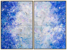 Load image into Gallery viewer, Jill Krutick, Dreamscape Diptych Surprise, 2017 Acrylic on Canvas Two diptychs, 72 x 96 inches EFramed: 74 x 50 inches each; 74 x 100 inches total This beautiful, large, abstract seascape painting is a multi-panel piece that captures the motion of the seas and splash of the waves against a twilight sky. Its size attempts to recreate the feeling of observing the vast body of an ocean: otherworldly, mysterious, and powerful. This contemporary painting is blue, white and pink
