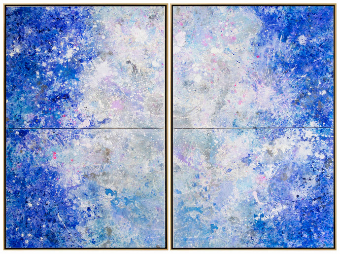 Jill Krutick, Dreamscape Diptych Surprise, 2017 Acrylic on Canvas Two diptychs, 72 x 96 inches EFramed: 74 x 50 inches each; 74 x 100 inches total This beautiful, large, abstract seascape painting is a multi-panel piece that captures the motion of the seas and splash of the waves against a twilight sky. Its size attempts to recreate the feeling of observing the vast body of an ocean: otherworldly, mysterious, and powerful. This contemporary painting is blue, white and pink