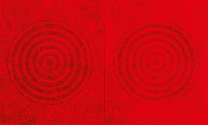 J. Steven Manolis, Redworld-Concentric, 2016, 72 x 120 inches, 72.120.01, Red Abstract Art, Large Abstract Wall Art for sale at Manolis Projects Art Gallery, Miami, Fl