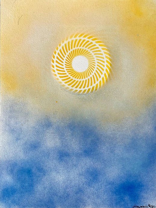 Annemarie Ryan’s Blue & Yellow Abstract painting Sun-Water-Sky 2, 2022, Watercolor & Vitreous Acrylic on paper, 16 x 12 inches