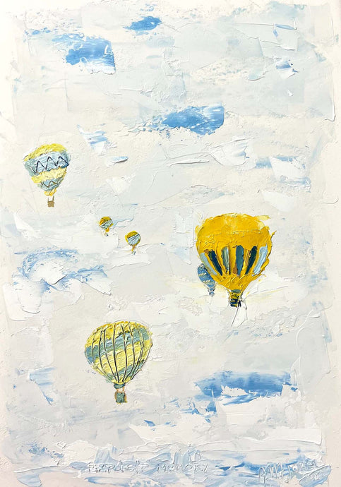 Argentinian artist Aurelia Majorel’s blue and yellow hot air balloon painting “Explicit Memory,” 2022, Oil on paper, 16 x 12 inches, on display and available at the Ritz Carlton Miami Beach