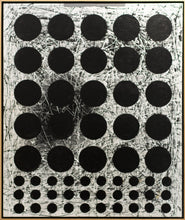 Load image into Gallery viewer, Framed:J. Steven Manolis (b. 1948-)  Black &amp; White (Graphic), 2020  Acrylic and Latex Enamel on canvas  72 x 60 inches  Framed Dimensions: 74.25 x 62.25 x 3.50 inches  This series has hand painted circles placed on a three dimensional colorfield in muted earth colors, often in some combination of greiges. This was inspired by the 2020 Covid pandemic which brought a year of darkness in peoples’ lives. It represents finding peace and order within the chaos and darkness.
