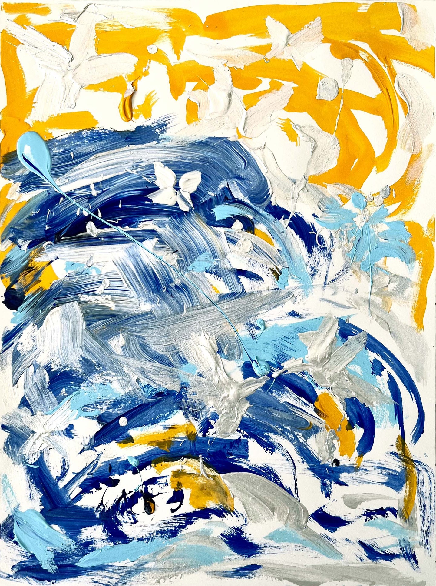 Carol Calicchio’s Blue and Yellow Abstract Painting for the Ritz Carlton South Beach, Abundant Love, 2022, Oil painting on paper, 16 x 12 inches, for sale at Manolis Projects