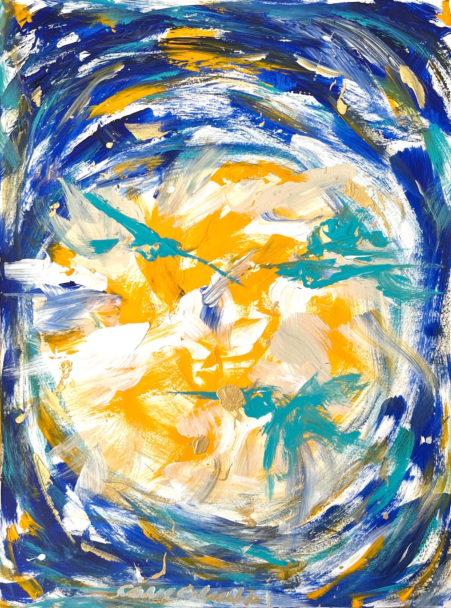 Carol Calicchio’s Blue and Yellow Abstract Painting for the Ritz Carlton South Beach, Hummingbird World, 2022, Oil painting on paper, 16 x 12 inches, for sale at Manolis Projects