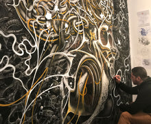 Load image into Gallery viewer, Detail:Samuel Gomez Enlightenment, 2020 Acrylic, Charcoal, Ink, 3D objects and Gold Leaf on canvas 96 x 120 inches ‘Enlightenment’ is a surreal and whimsical depiction of the intricate mechanisms of the human brain. at Manolis Projects gallery

