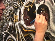 Load image into Gallery viewer, Detail:Samuel Gomez Enlightenment, 2020 Acrylic, Charcoal, Ink, 3D objects and Gold Leaf on canvas 96 x 120 inches ‘Enlightenment’ is a surreal and whimsical depiction of the intricate mechanisms of the human brain. at Manolis Projects gallery
