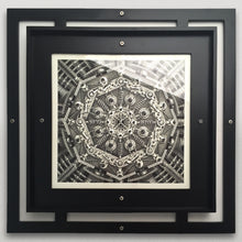 Load image into Gallery viewer, Samuel Gomez (b.1975-) Diaphragm, 2015 Graphite and ink on paper. 27 x 26 inches Frame: 36 x 36 inches ‘Diaphragm’ traces back to the philosophy of ‘Humanism’ back in the 14th century when the development of human virtue transcended the need for divine authority. In a contemporary twist, the ‘Vetruvian Man’ from Da Vinci, is seen as the source of an unknown mechanism evolving and expanding without control. at Manolis Projects gallery
