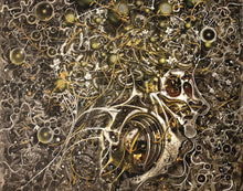 Load image into Gallery viewer, Samuel Gomez Enlightenment, 2020 Acrylic, Charcoal, Ink, 3D objects and Gold Leaf on canvas 96 x 120 inches ‘Enlightenment’ is a surreal and whimsical depiction of the intricate mechanisms of the human brain. at Manolis Projects gallery
