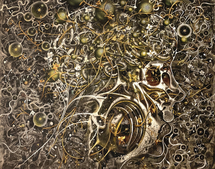 Samuel Gomez Enlightenment, 2020 Acrylic, Charcoal, Ink, 3D objects and Gold Leaf on canvas 96 x 120 inches ‘Enlightenment’ is a surreal and whimsical depiction of the intricate mechanisms of the human brain. at Manolis Projects gallery