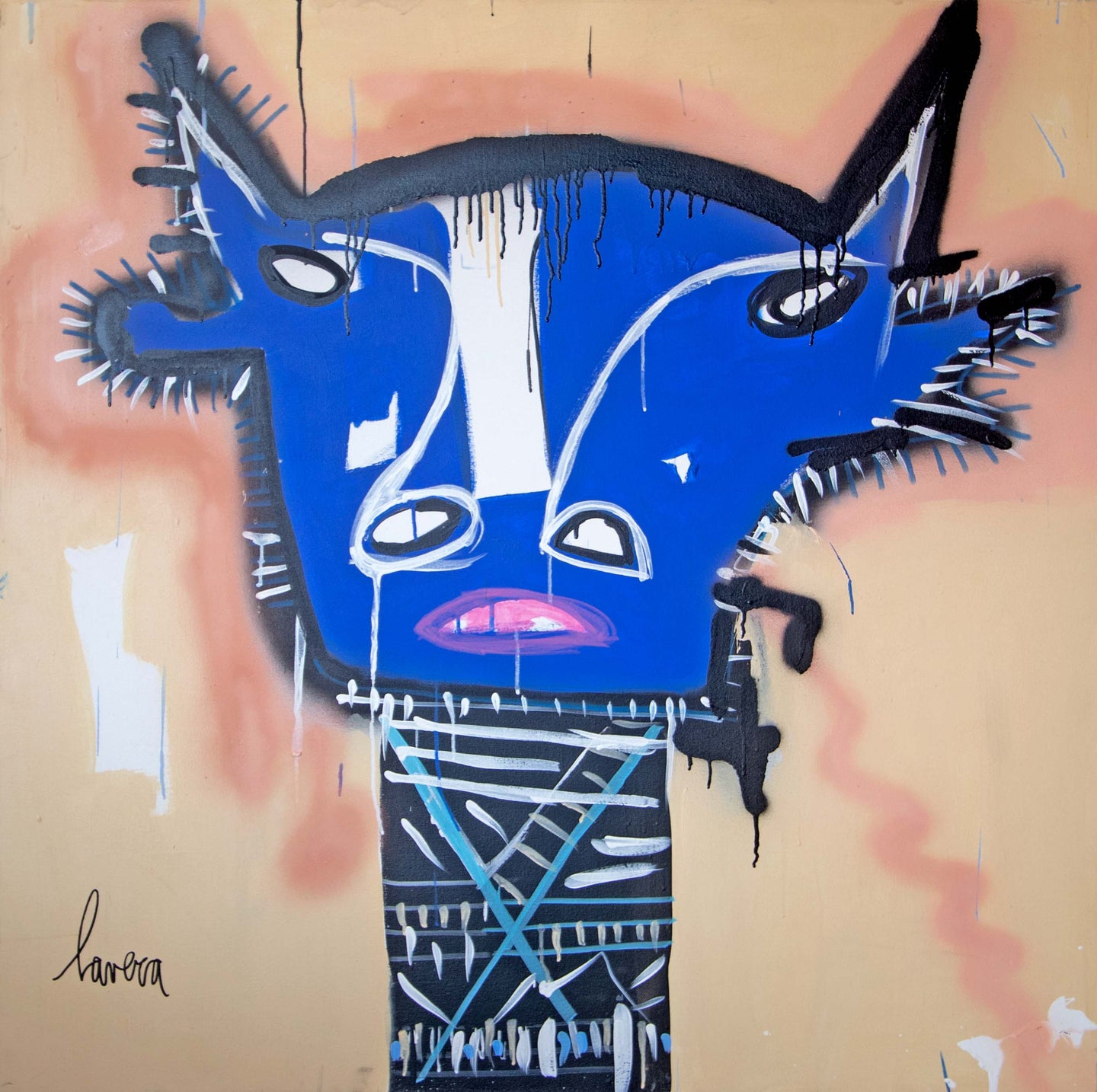 Fernanda Lavera, Bull’s Mask, 2021, Acrylic, Spray paint and Marker on canvas, 48 x 48 inches