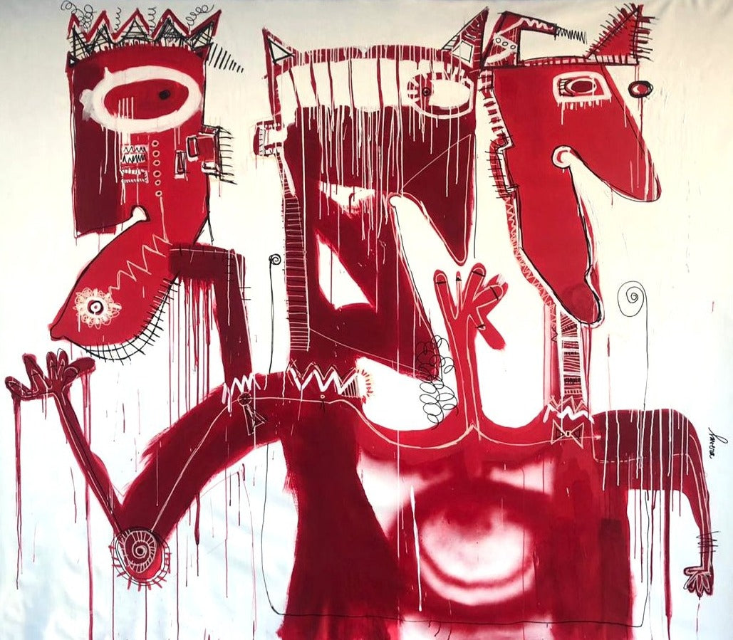 Fernanda Lavera, El diablito de tres Cabezas, 2017, Oil and Acrylic on canvas, 79 x 102 inches, Graffiti and Street Art for Sale at Manolis Projects Art Gallery
