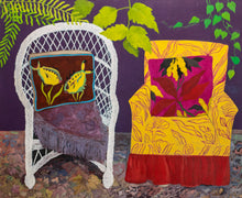 Load image into Gallery viewer, Hunt Slonem (b.1951-), Chair Duet, 1977, Oil on canvas, 70 x 58 inches. This early Hunt Slonem is a beautiful scene of two colorful chairs that offers a calming joy to those who view it. Slonem utilizes the intense colors of the neo-expressional style. Available at Manolis Projects Gallery
