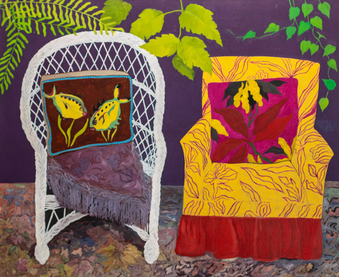 Hunt Slonem (b.1951-), Chair Duet, 1977, Oil on canvas, 70 x 58 inches. This early Hunt Slonem is a beautiful scene of two colorful chairs that offers a calming joy to those who view it. Slonem utilizes the intense colors of the neo-expressional style. Available at Manolis Projects Gallery