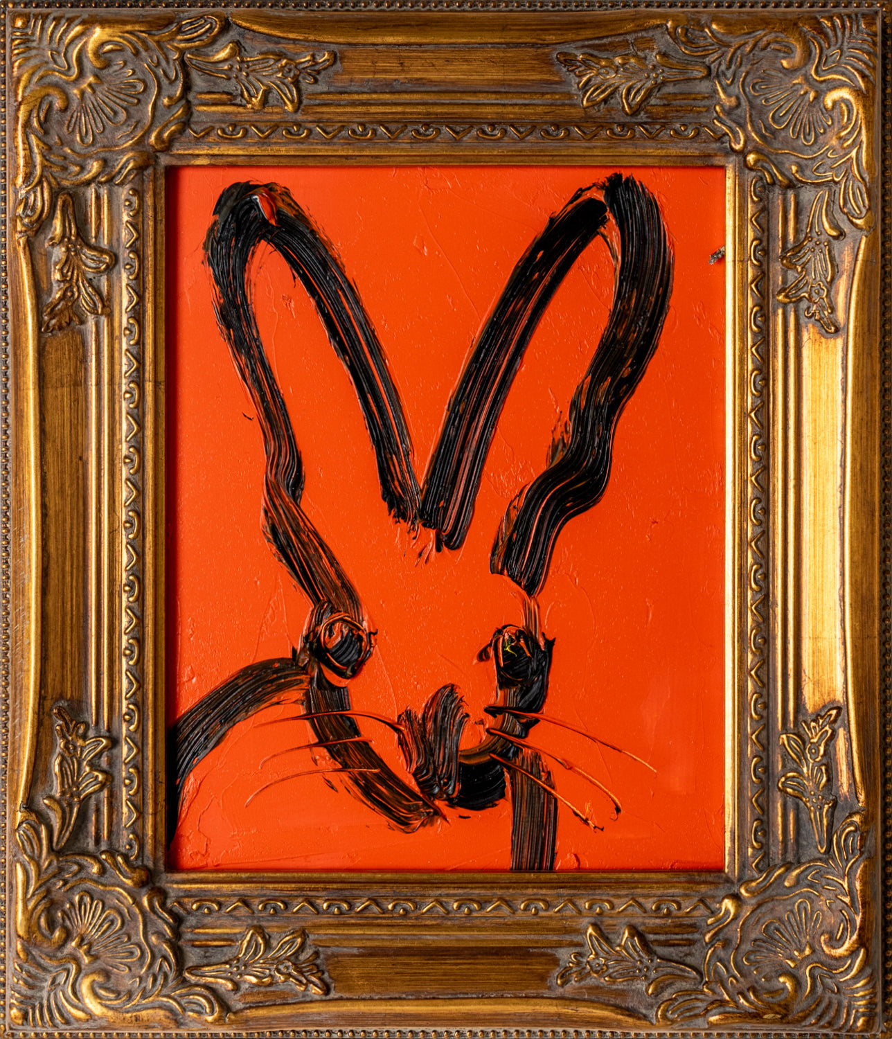 red Hunt Slonem bunny painting “Charlotte,”2021, Oil on wood, 10 x 8 inches, in antique gold frame, Hunt Slonem Bunnies for sale at Manolis Projects Gallery