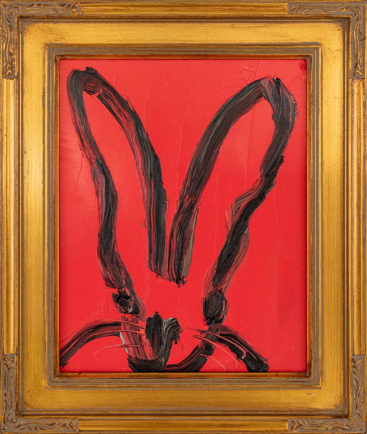 Red Hunt Slonem bunny painting “China Mark,”2021, Oil on wood, 10 x 8 inches, in antique gold frame, Hunt Slonem Bunnies for sale at Manolis Projects Gallery