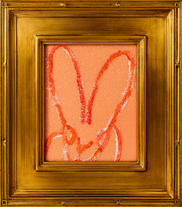 Orange Hunt Slonem bunny painting “Georgia,”2021, Oil on wood, 10 x 8 inches, in antique frame, Hunt Slonem Bunnies for sale at Manolis Projects Gallery