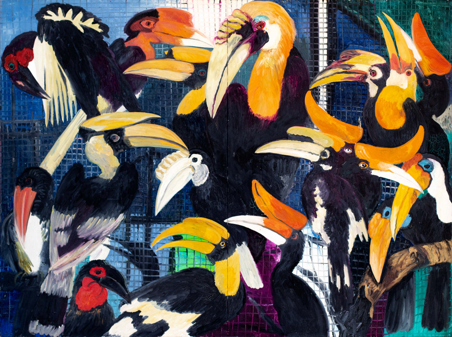  Hunt Slonem,  Hornbills, 1989, Oil on canvas, 66 x 88 inches. Hunt Slonem's paintings are at once vibrant, energetic and colorful, yet also deeply spiritual and contemplative. The artist creates exotic forms with expressive and highly textural brushstrokes that are full of intense color, loosely inspired by artists of the German Expressionism movement.  Available at Manolis Projects Gallery