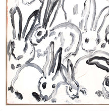 Load image into Gallery viewer, Close up image of corner bunnies for Hunt Slonem’s monumental bunny painting “Hutch Bunnies,” in white, painted in 2010 in oil paint on canvas measuring 108 x 108 inches. Extra-large wall art by Hunt Slonem for sale at Manolis Projects gallery.
