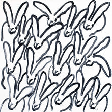 Load image into Gallery viewer, Hunt Slonem’s large bunny painting “Hutch Bunnies,” in white, painted in 2021 in oil paint on canvas measuring 48 x 48 inches. Large framed wall art by Hunt Slonem for sale at Manolis Projects gallery.
