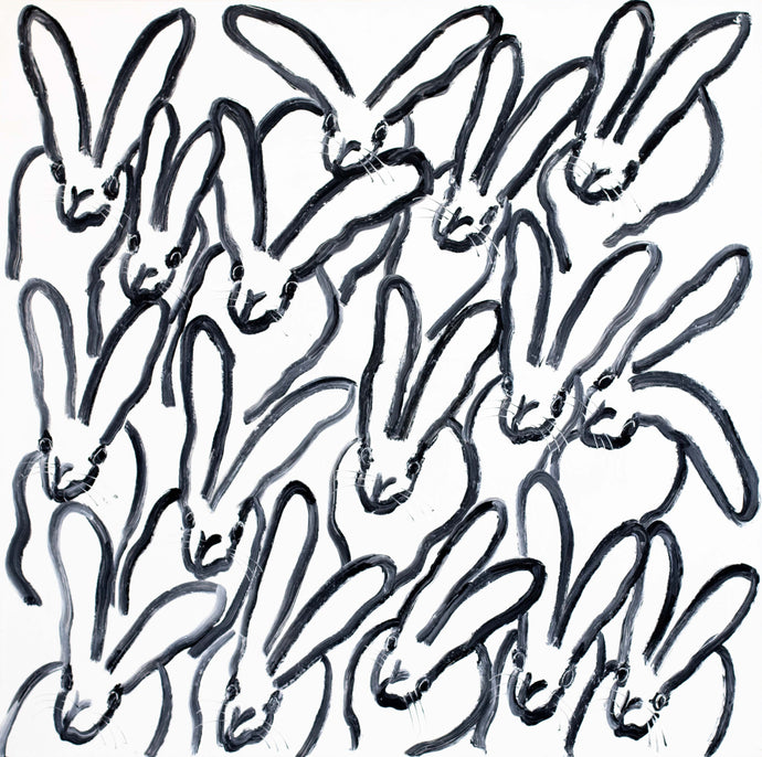 Hunt Slonem’s large bunny painting “Hutch Bunnies,” in white, painted in 2021 in oil paint on canvas measuring 48 x 48 inches. Large framed wall art by Hunt Slonem for sale at Manolis Projects gallery.