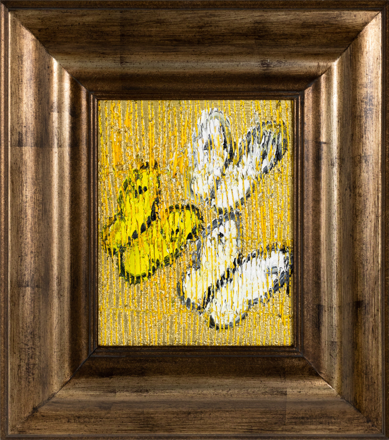 Yellow Hunt Slonem butterfly painting “3 Fly,”2021, Oil on wood, 10 x 8 inches, in antique bronze frame, Hunt Slonem Butterflies for sale at Manolis Projects Gallery