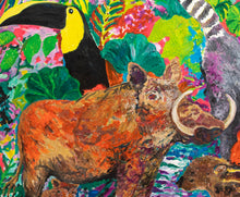 Load image into Gallery viewer, Hunt Slonem, Lemurs, 1986, Oil painting on canvas, 84 x 72 inches, toucan and warthog detail
