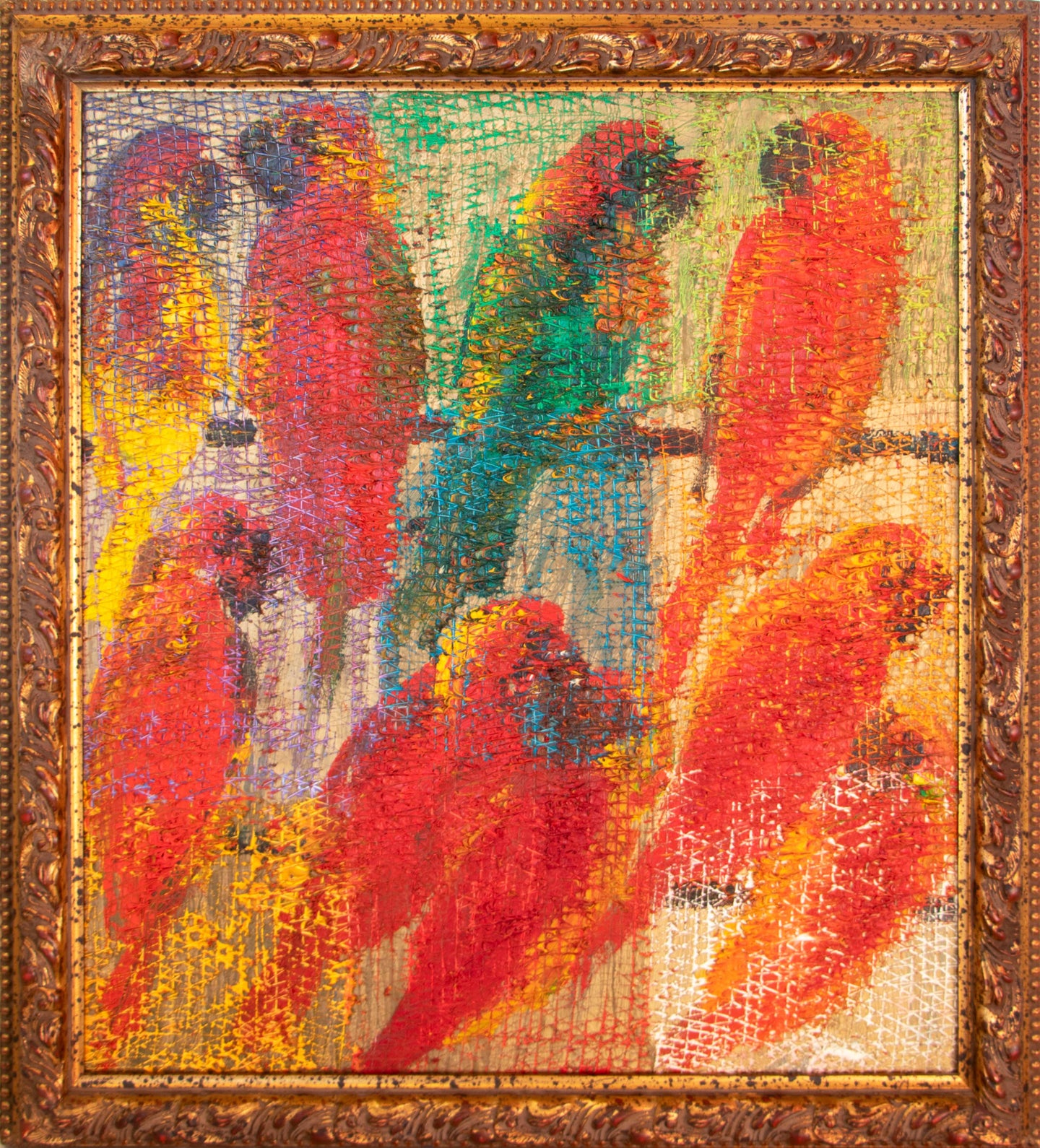 Hunt Slonem’s parrot oil painting “Lories Bayou,”  painted in 2008 in oil paint on wood board measuring 29.5 x 26 inches. Framed by Hunt Slonem in an antique gold frame. Framed wall art by Hunt Slonem for sale at Manolis Projects gallery.