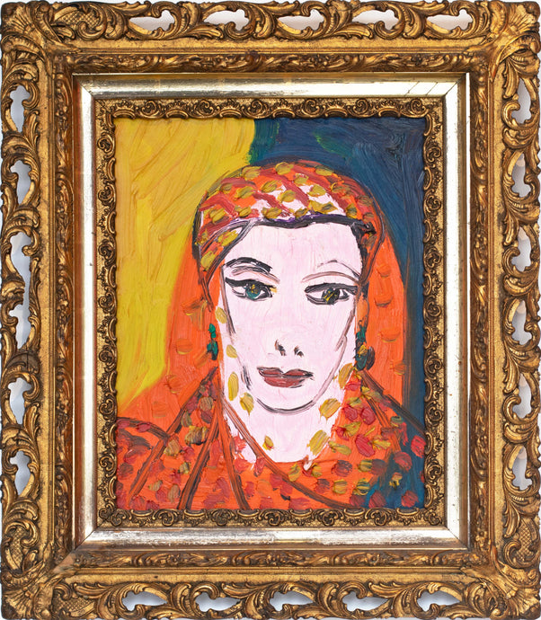 Hunt Slonem’s female portrait painting “Monique Van Vorren,”  painted in 2000 in oil paint on canvas measuring 30.5 x 27 inches. Framed by Hunt Slonem in an antique gold frame. Framed wall art by Hunt Slonem for sale at Manolis Projects gallery.