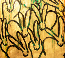 Load image into Gallery viewer, close up image of the corner of Hunt Slonem&#39;s oil painting on canvas called, &quot;Monumental Gold Hutch Bunnies,&quot; painted in 2022, 93 inches high x 133 inches wide. Hunt Slonem artworks and bunnies for sale at Manolis Projects Gallery, Miami FL
