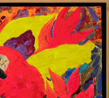 Load image into Gallery viewer, Frame Detail: Hunt Slonem (b. 1951), Parrots, 1985, Oil on canvas, 66 x 44 inches. Hunt Slonem&#39;s paintings are at once vibrant, energetic and colorful, yet also deeply spiritual and contemplative. The artist creates exotic forms with expressive and highly textural brushstrokes that are full of intense color, loosely inspired by artists of the German Expressionism movement. Available at Manolis Projects Gallery
