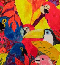 Load image into Gallery viewer, Detail: Hunt Slonem (b. 1951), Parrots, 1985, Oil on canvas, 66 x 44 inches. Hunt Slonem&#39;s paintings are at once vibrant, energetic and colorful, yet also deeply spiritual and contemplative. The artist creates exotic forms with expressive and highly textural brushstrokes that are full of intense color, loosely inspired by artists of the German Expressionism movement. Available at Manolis Projects Gallery
