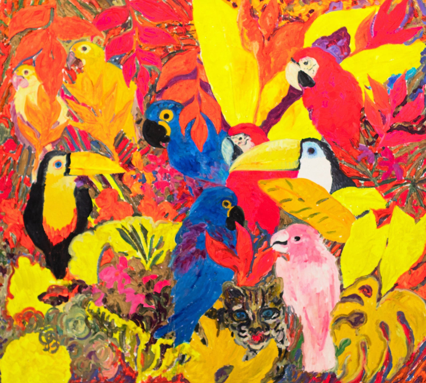 Hunt Slonem (b. 1951), Parrots, 1985, Oil on canvas, 66 x 44 inches. Hunt Slonem's paintings are at once vibrant, energetic and colorful, yet also deeply spiritual and contemplative. The artist creates exotic forms with expressive and highly textural brushstrokes that are full of intense color, loosely inspired by artists of the German Expressionism movement. Available at Manolis Projects Gallery