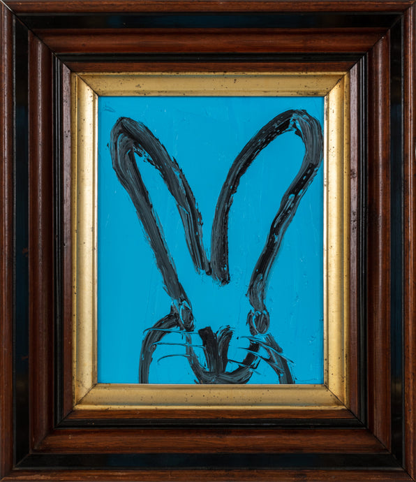 Blue Hunt Slonem bunny painting “Patrick,”2021, Oil on wood, 10 x 8 inches, in antique gold and wood frame, Hunt Slonem Bunnies for sale at Manolis Projects Gallery