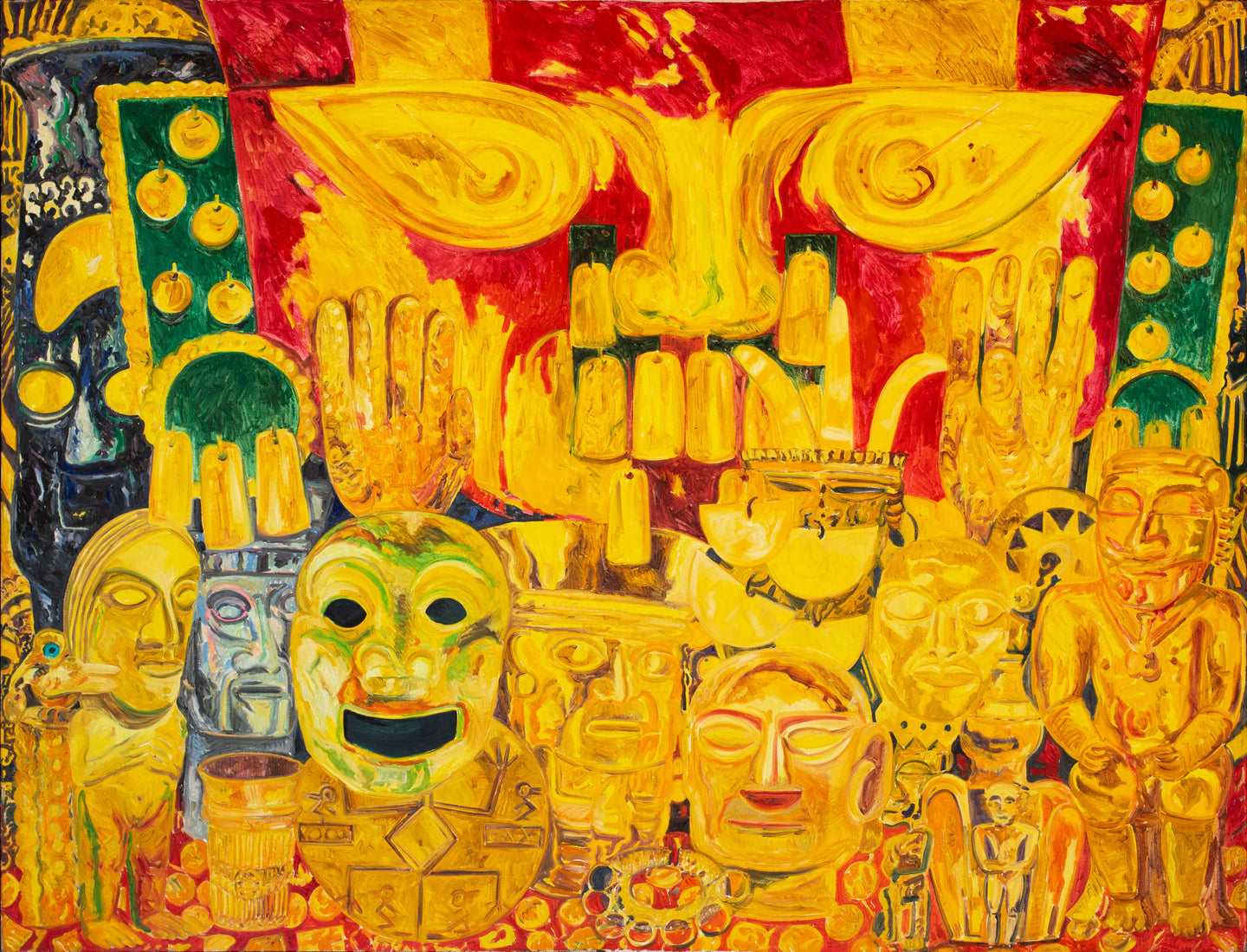 Hunt Slonem,  Red Mask, 1985,  Oil on canvas,  77 x 101 inches.  In older bodies of work, such as in the Red Mask, references to spiritually charged objects are much more apparent and literal. For example, Slonem favored depicting Catholic and Hindu saints surrounding animals early on. Available at Manolis Projects Gallery
