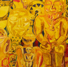 Load image into Gallery viewer, Detail:Hunt Slonem,  Red Mask, 1985,  Oil on canvas,  77 x 101 inches.  In older bodies of work, such as in the Red Mask, references to spiritually charged objects are much more apparent and literal. For example, Slonem favored depicting Catholic and Hindu saints surrounding animals early on. Available at Manolis Projects Gallery
