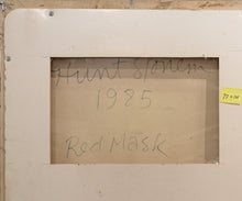 Load image into Gallery viewer, Back Signature:Detail:Hunt Slonem, Red Mask, 1985, Oil on canvas, 77 x 101 inches, In older bodies of work, such as in the Red Mask, references to spiritually charged objects are much more apparent and literal. For example, Slonem favored depicting Catholic and Hindu saints surrounding animals early on. Available at Manolis Projects Gallery
