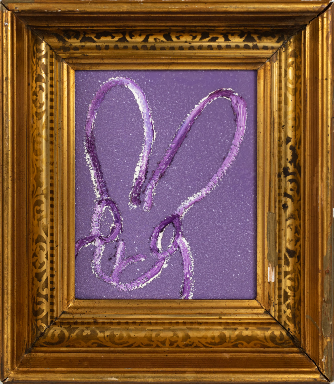 Purple Hunt Slonem bunny painting “Sparkle,”2021, Oil, Diamond dust and Resin on wood, 10 x 8 inches, in antique frame, Hunt Slonem Bunnies for sale at Manolis Projects Gallery