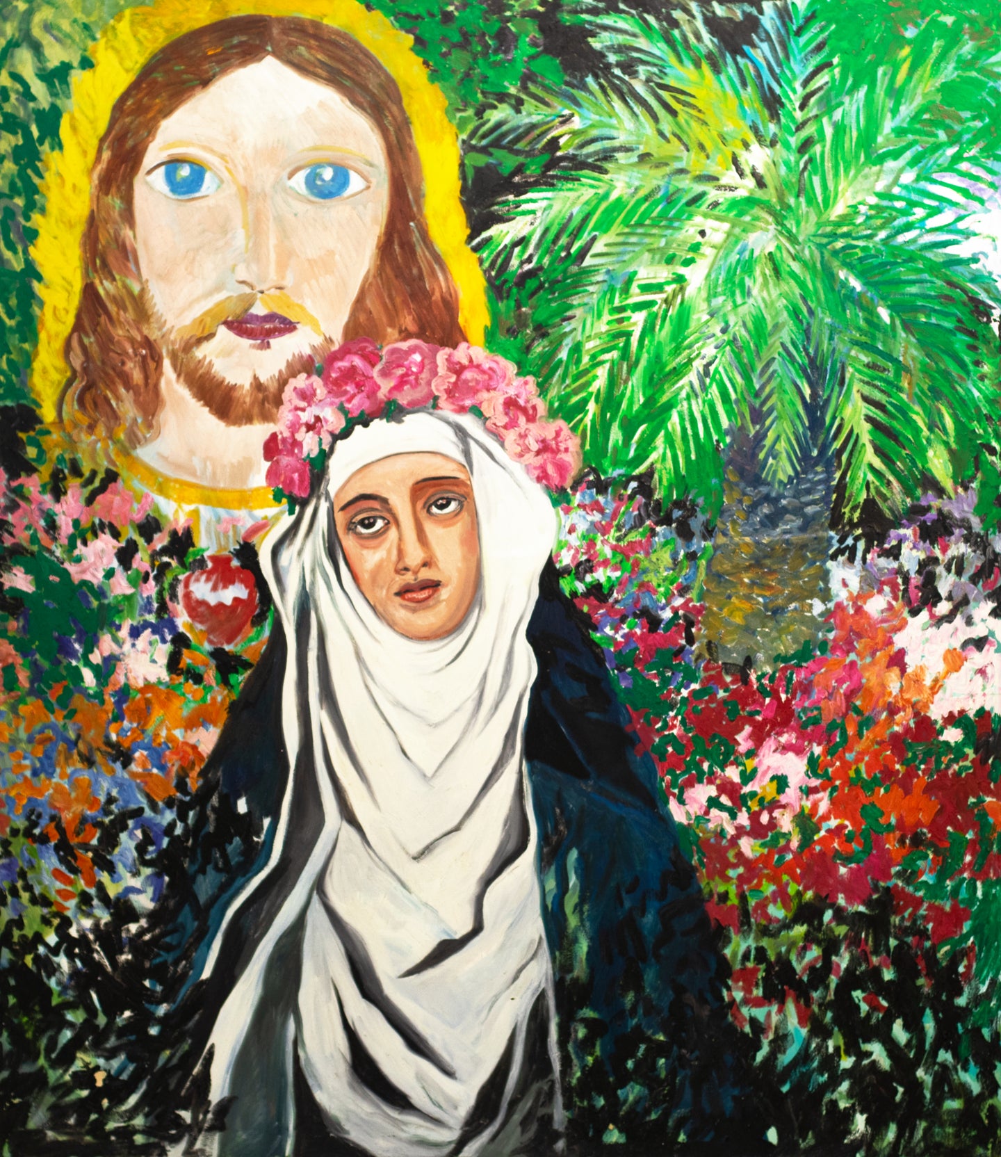 Hunt Slonem, Saint Rosa of Lima, 1984,  Oil on canvas, 84 x 72 inches ,The beautiful St. Rose of Lima appears in a number of Slonem’, works. She is the first saint of the New World and the garden she worked became the spiritual center of Lima. She modeled her austere rays after St. Catherine of Siena. Available at Manolis Projects Gallery