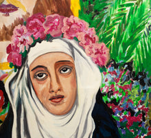 Load image into Gallery viewer, Hunt Slonem Saint Rosa of Lima, 1984 Oil on canvas 84 x 72 inches The beautiful St. Rose of Lima appears in a number of Slonem’, works. She is the first saint of the New World and the garden she worked became the spiritual center of Lima. She modeled her austere rays after St. Catherine of Siena. Available at Manolis Projects Gallery
