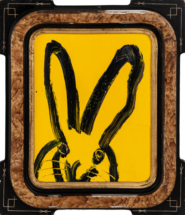 Yellow Hunt Slonem bunny painting “Tama,”2021, Oil on wood, 10 x 8 inches, in antique frame, Hunt Slonem Bunnies for sale at Manolis Projects Gallery